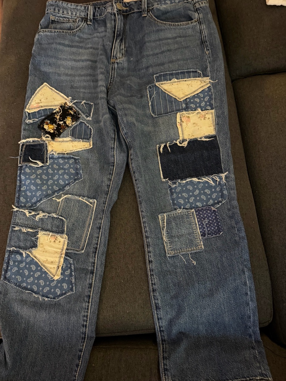DRIFTWOOD Women's Blue Patchwork Straight Jeans with Cream and Dark Blue Accents